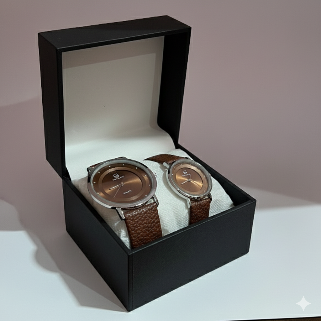Elegant Brown Leather Couple Watch Set