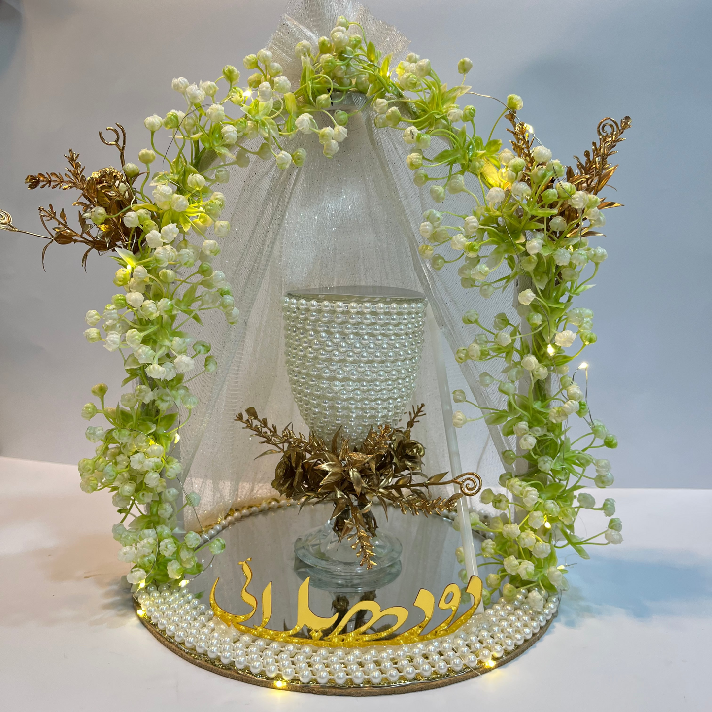 White Floral Pearl Doodh Pilai Glass with LED Lights