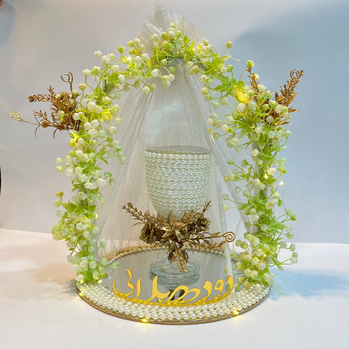 White Floral Pearl Doodh Pilai Glass with LED Lights