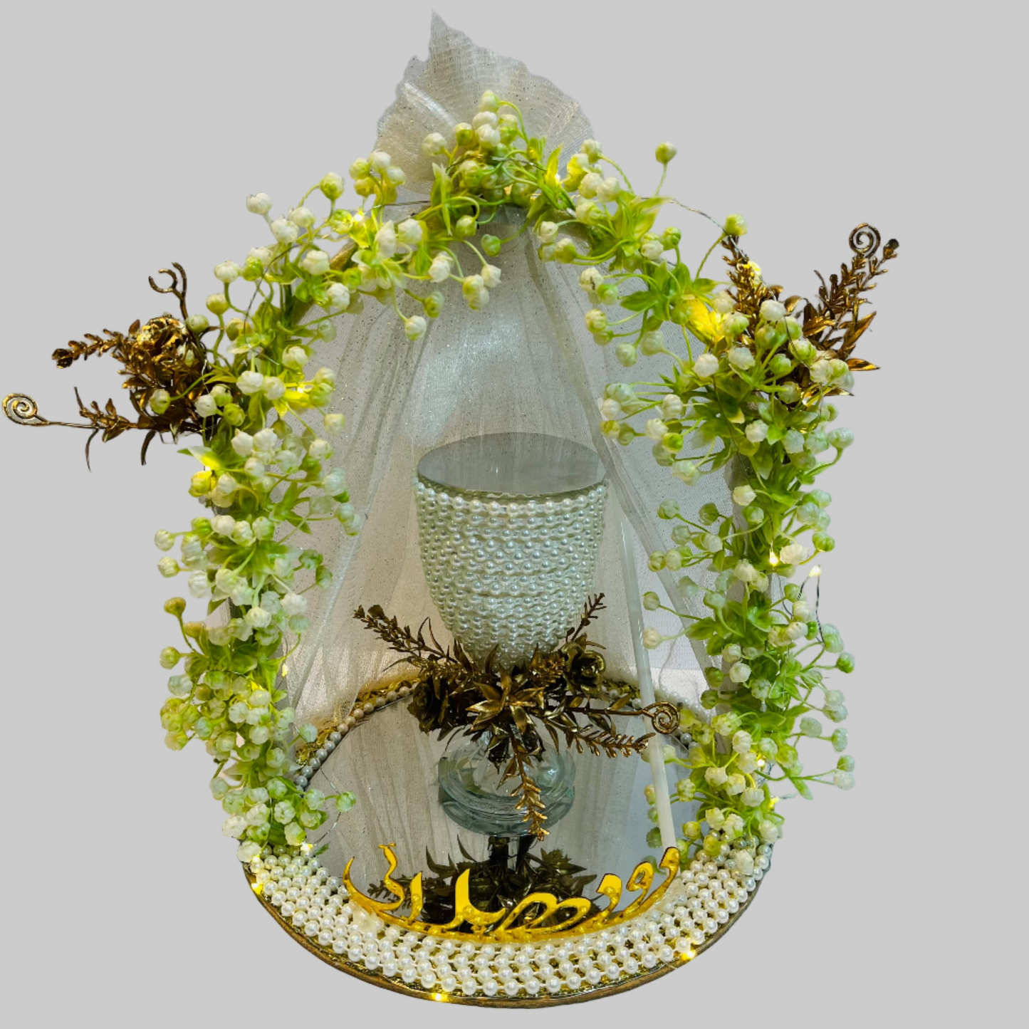 White Floral Pearl Doodh Pilai Glass with LED Lights