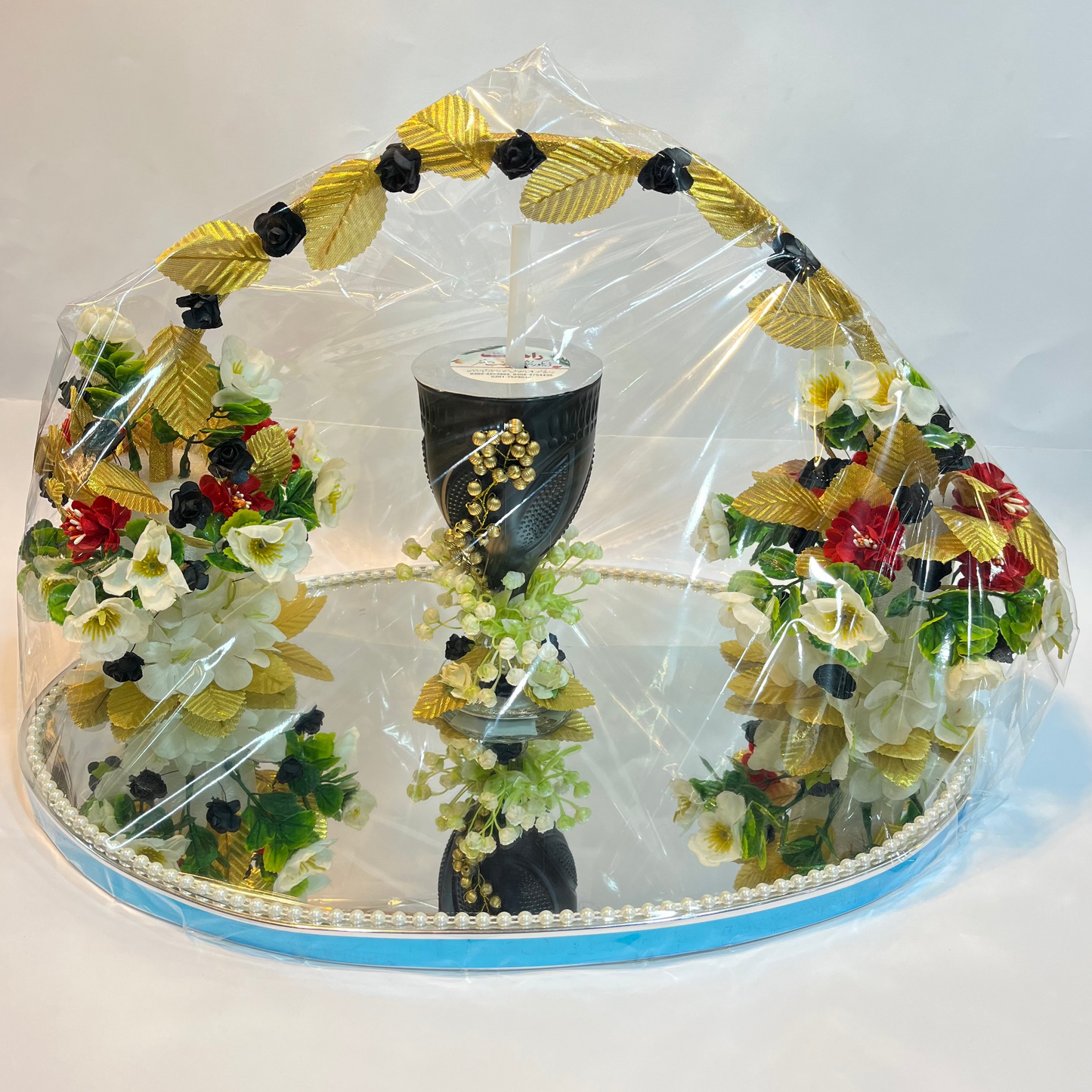 White, Black & Golden Floral Doodh Pilai Glass with Big Mirror Tray