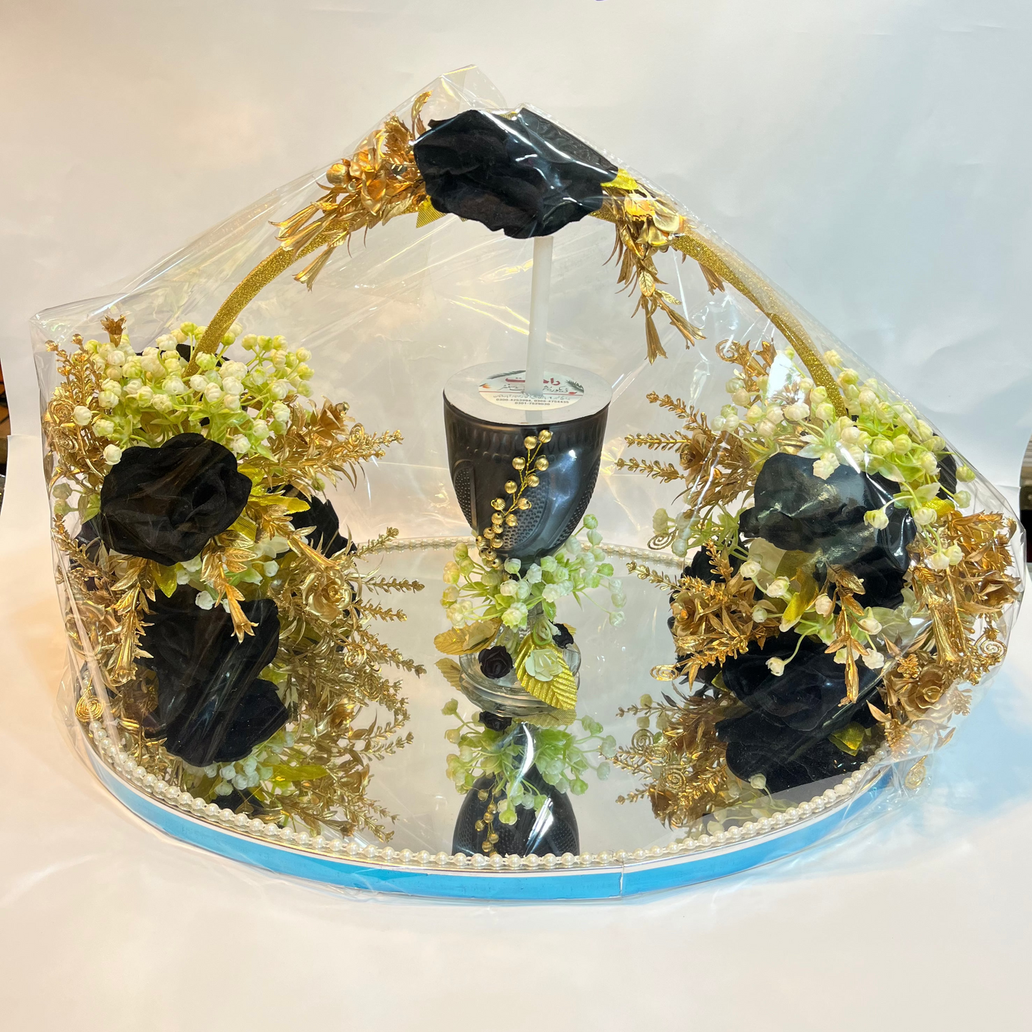 Black Roses & Golden Floral Doodh Pilai Glass with Big Mirror Tray