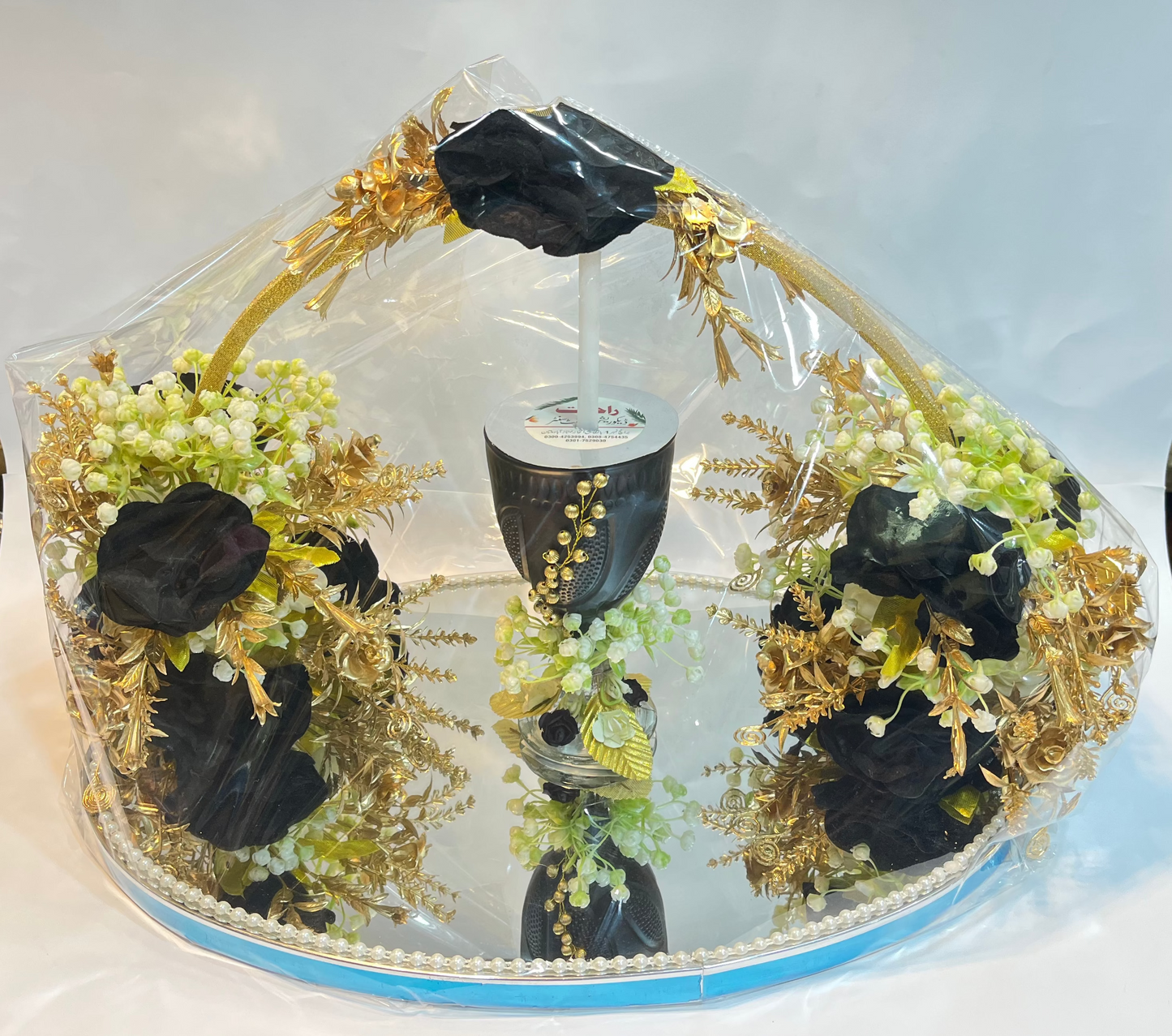 Black Roses & Golden Floral Doodh Pilai Glass with Big Mirror Tray