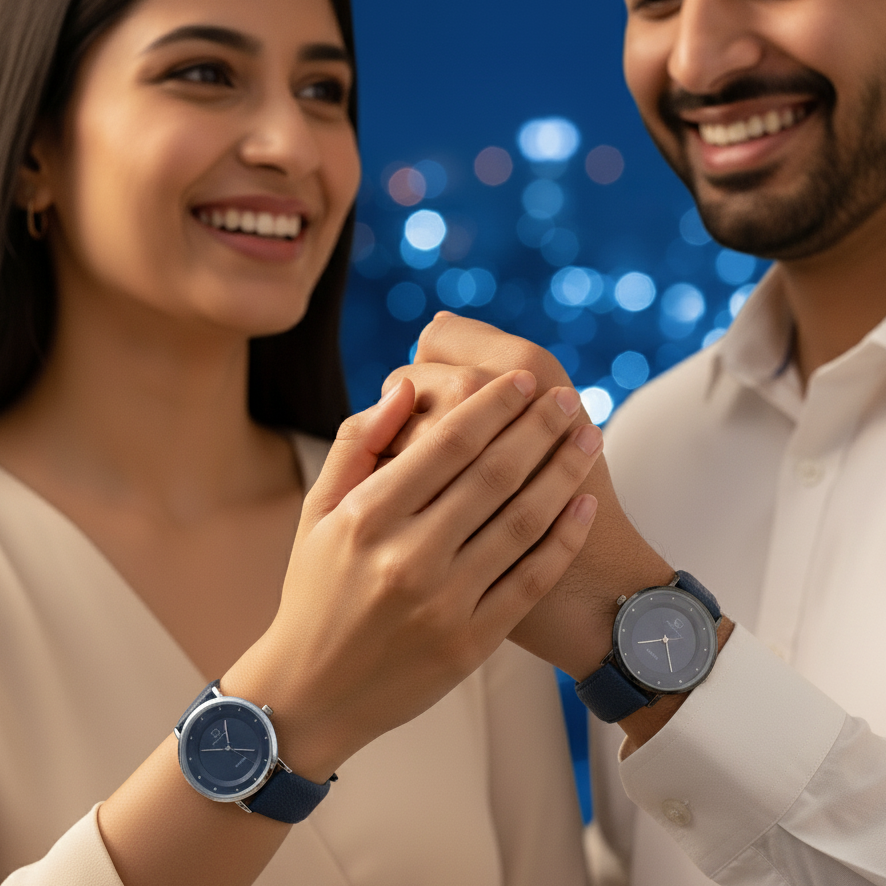 Elegant Blue Leather Couple Watch Set