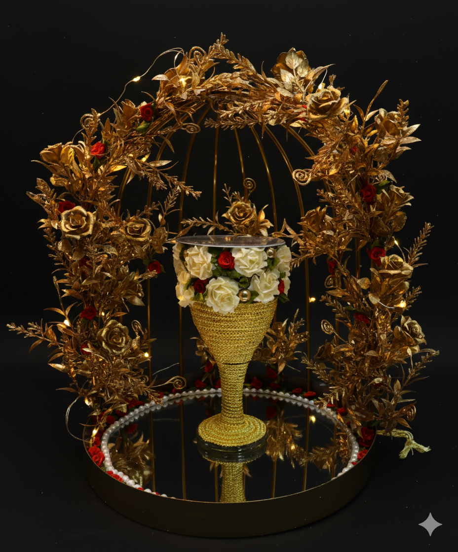 Royal Floral Golden Doodh Pilai Glass Set with LED Lights