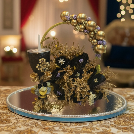 Black & Golden Floral Doodh Pilai Glass with Big Mirror Tray