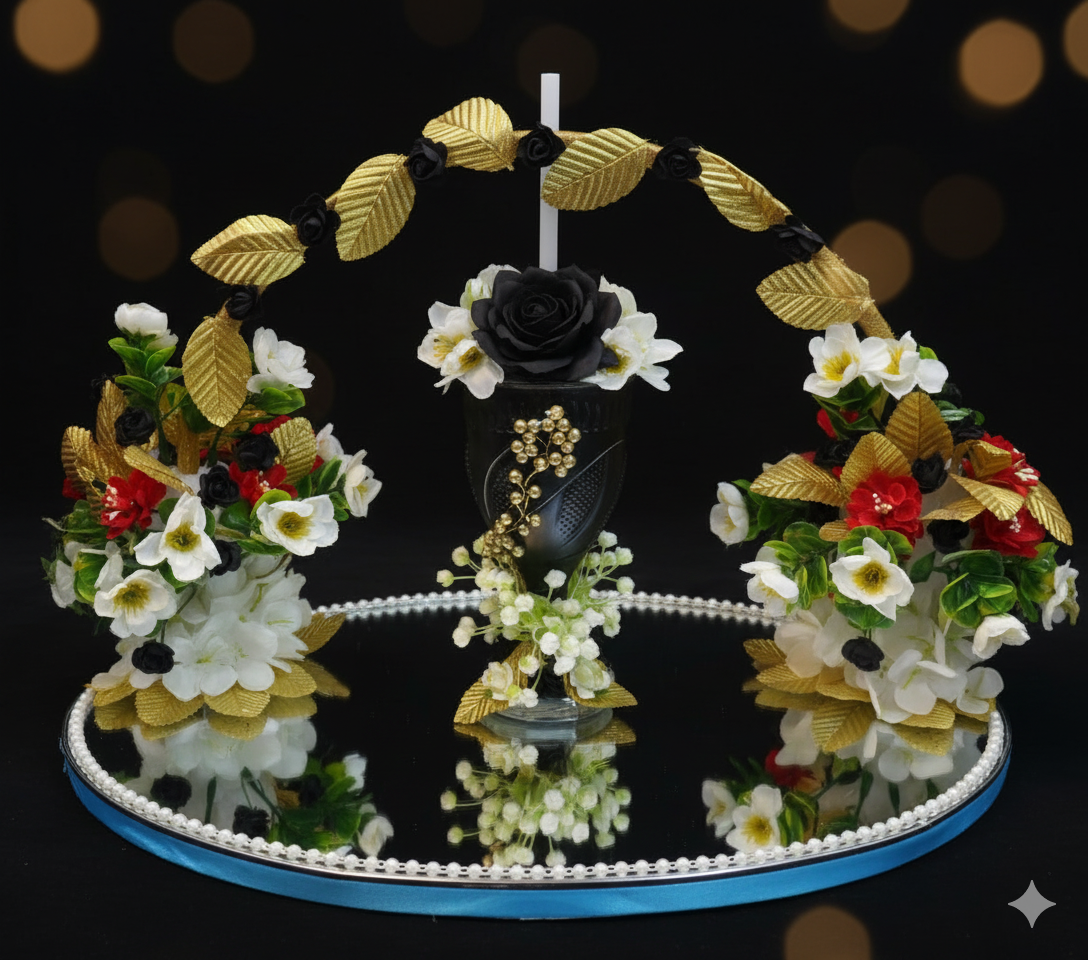 White, Black & Golden Floral Doodh Pilai Glass with Big Mirror Tray