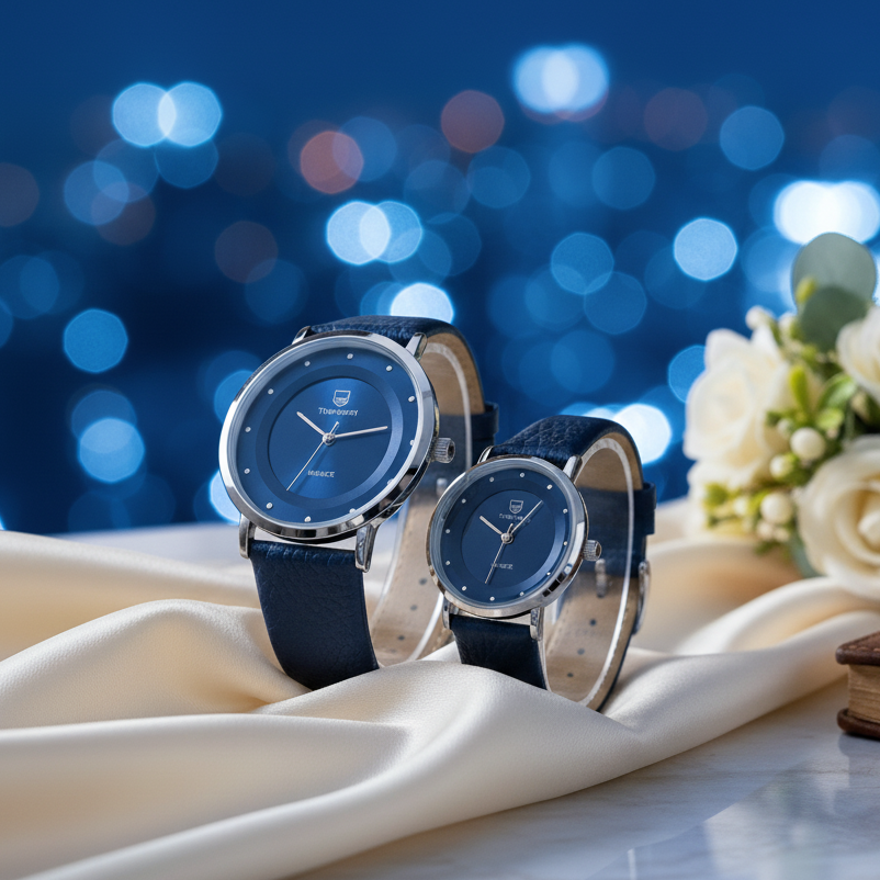 Elegant Blue Leather Couple Watch Set