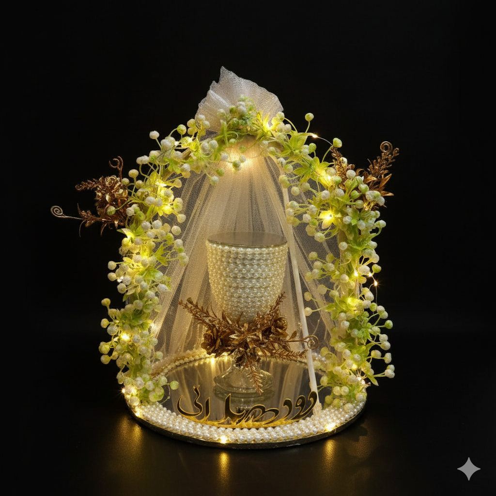 White Floral Pearl Doodh Pilai Glass with LED Lights