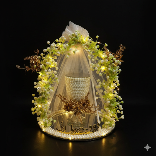 White Floral Pearl Doodh Pilai Glass with LED Lights