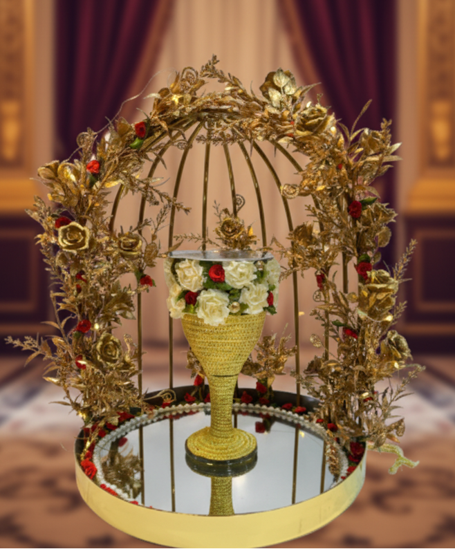 Royal Floral Golden Doodh Pilai Glass Set with LED Lights