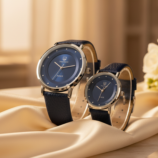 Elegant Blue Leather Couple Watch Set