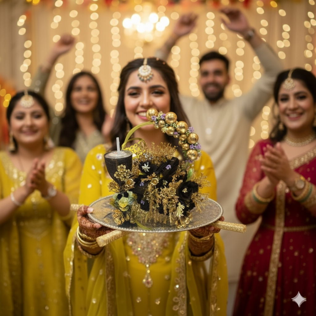 Black & Golden Floral Doodh Pilai Glass with Big Mirror Tray