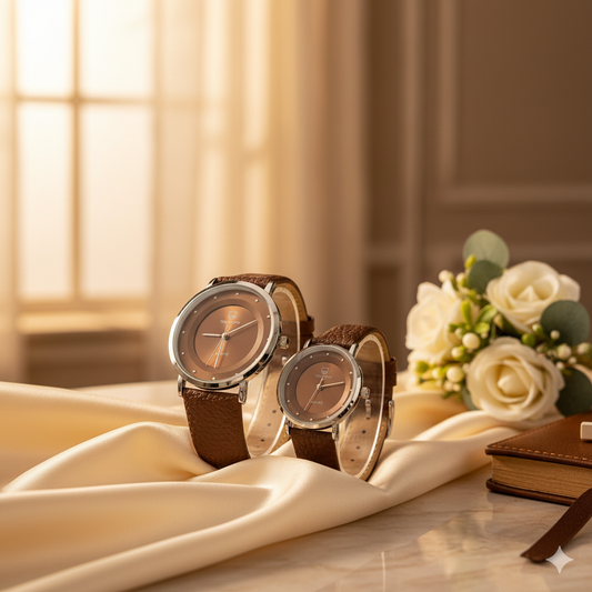 Elegant Brown Leather Couple Watch Set