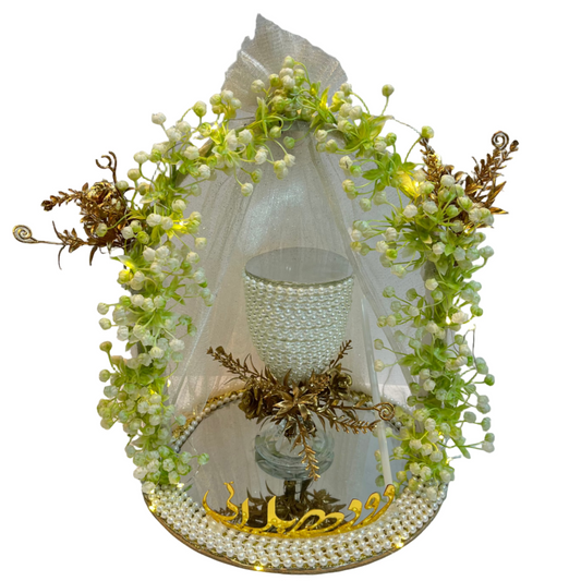 White Floral Pearl Doodh Pilai Glass with LED Lights