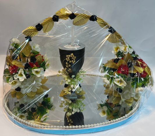 White, Black & Golden Floral Doodh Pilai Glass with Big Mirror Tray