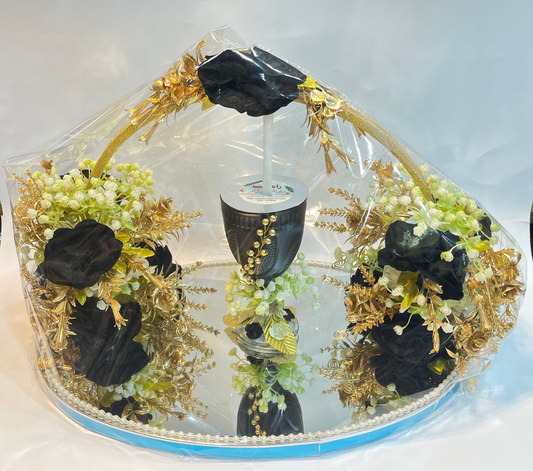 Black Roses & Golden Floral Doodh Pilai Glass with Big Mirror Tray