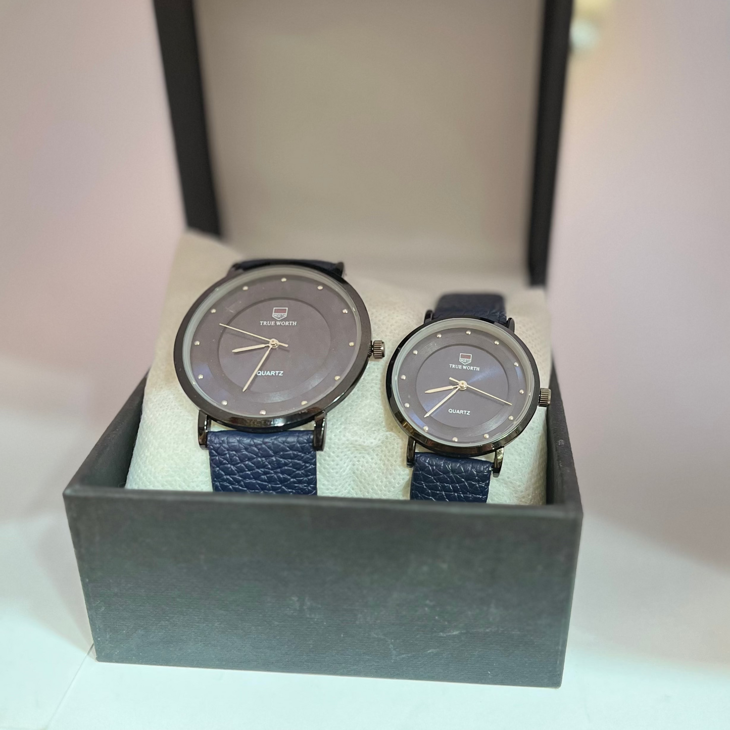 Elegant Blue Leather Couple Watch Set